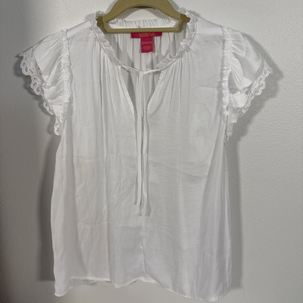 Catherine Malandrino Lace Flutter Sleeve V-Neck Blouse Large White Soft P1